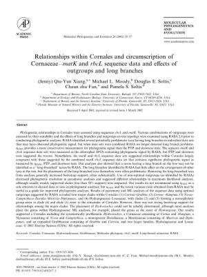 Relationships Within Cornales and Circumscription of Cornaceae—Matk and Rbcl Sequence Data and Eﬀects of Outgroups and Long Branches