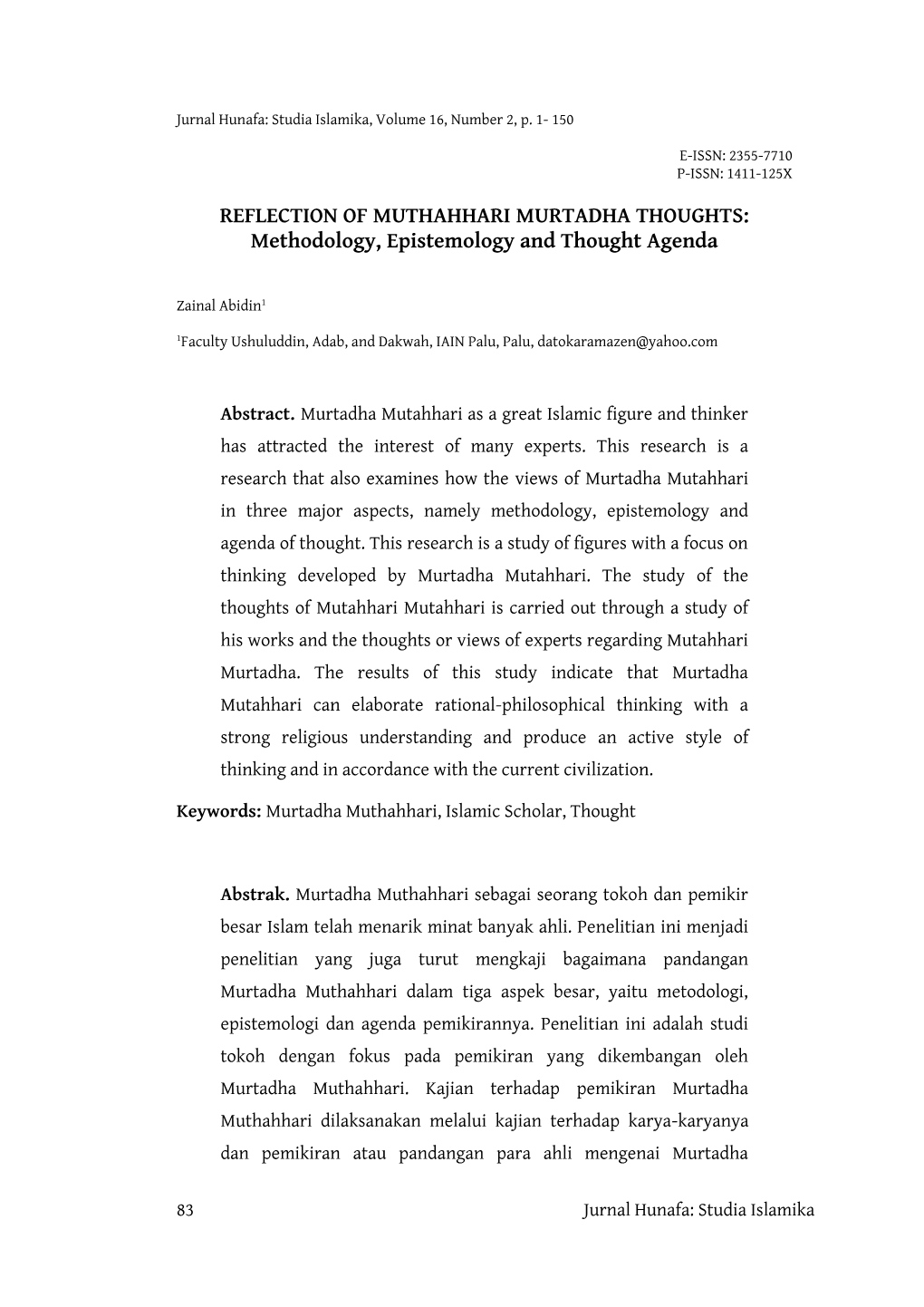 REFLECTION of MUTHAHHARI MURTADHA THOUGHTS: Methodology, Epistemology and Thought Agenda