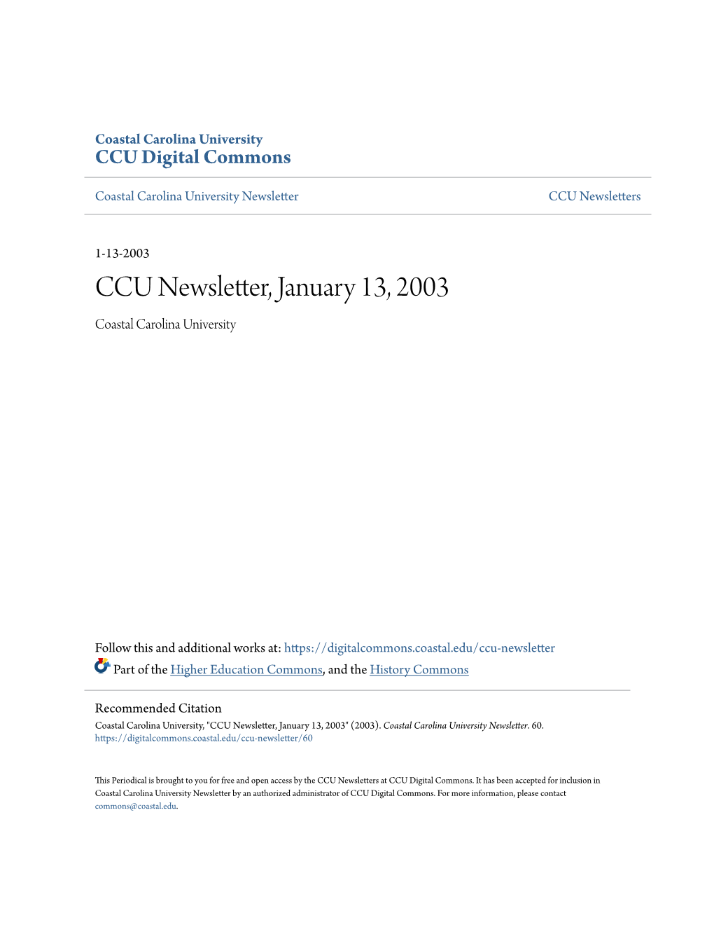 CCU Newsletter, January 13, 2003 Coastal Carolina University