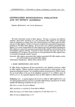 Generalized Homogeneous, Prelattice and Mv-Effect Algebras