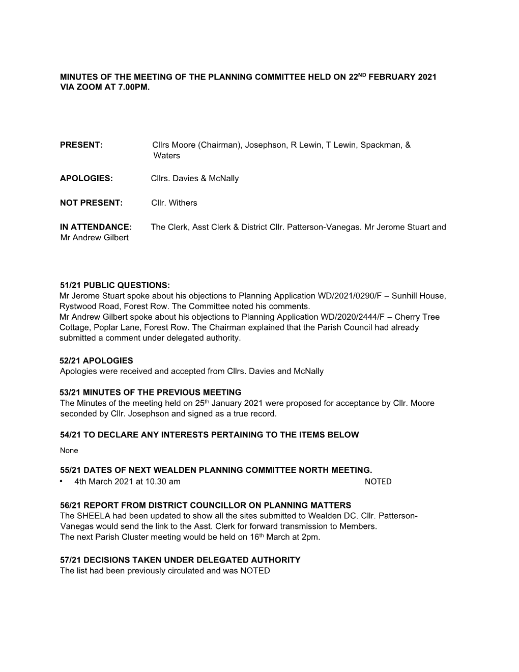Minutes of the Meeting of the Planning Committee Held on 22Nd February 2021 Via Zoom at 7.00Pm