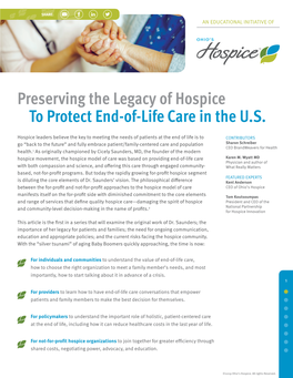 Preserving the Legacy of Hospice to Protect End-Of-Life Care in the U.S