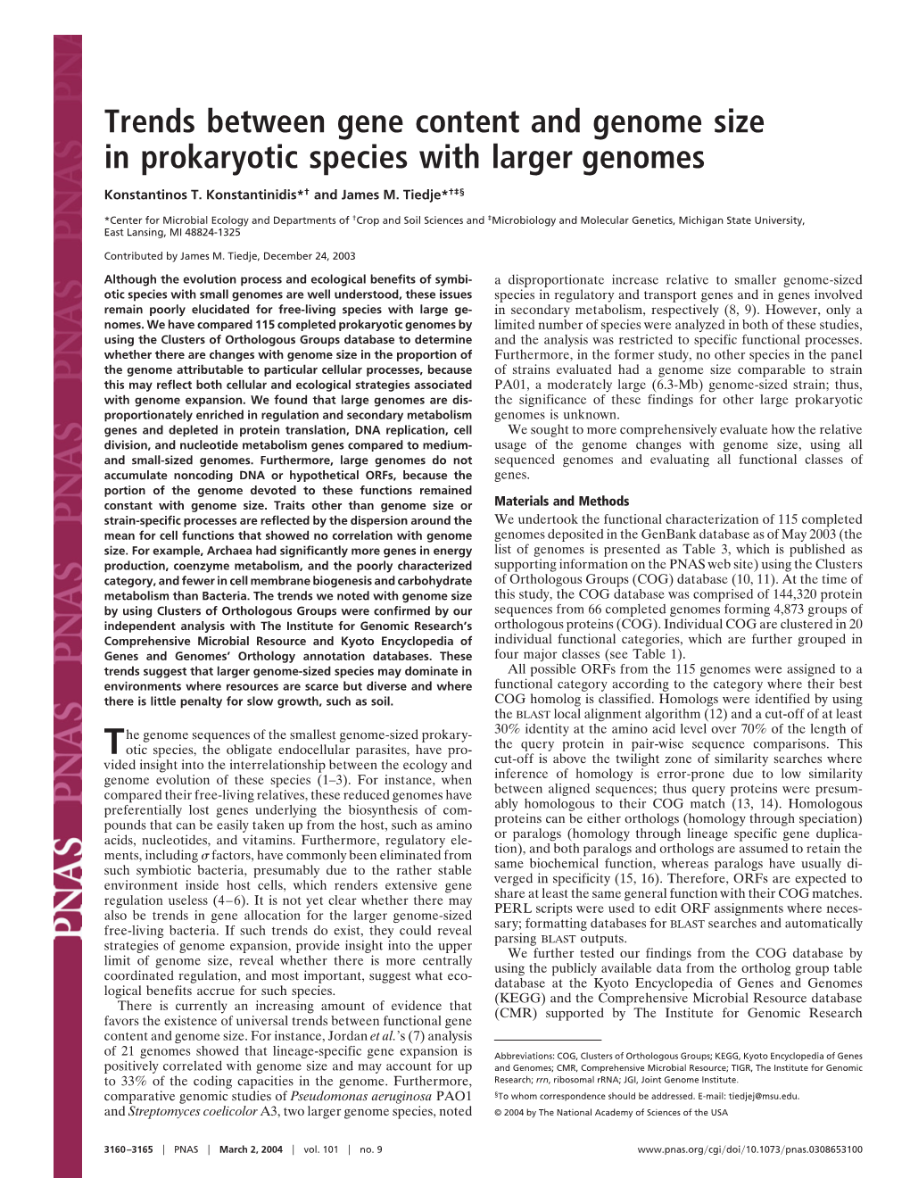 Trends Between Gene Content and Genome Size in Prokaryotic Species with Larger Genomes Konstantinos T