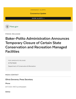 Baker-Polito Administration Announces Temporary Closure of Certain State Conservation and Recreation Managed Facilities