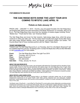 The Oak Ridge Boys Shine the Light Tour 2019 Coming to Mystic Lake April 18