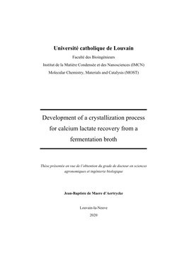 Development of a Crystallization Process for Calcium Lactate Recovery from a Fermentation Broth