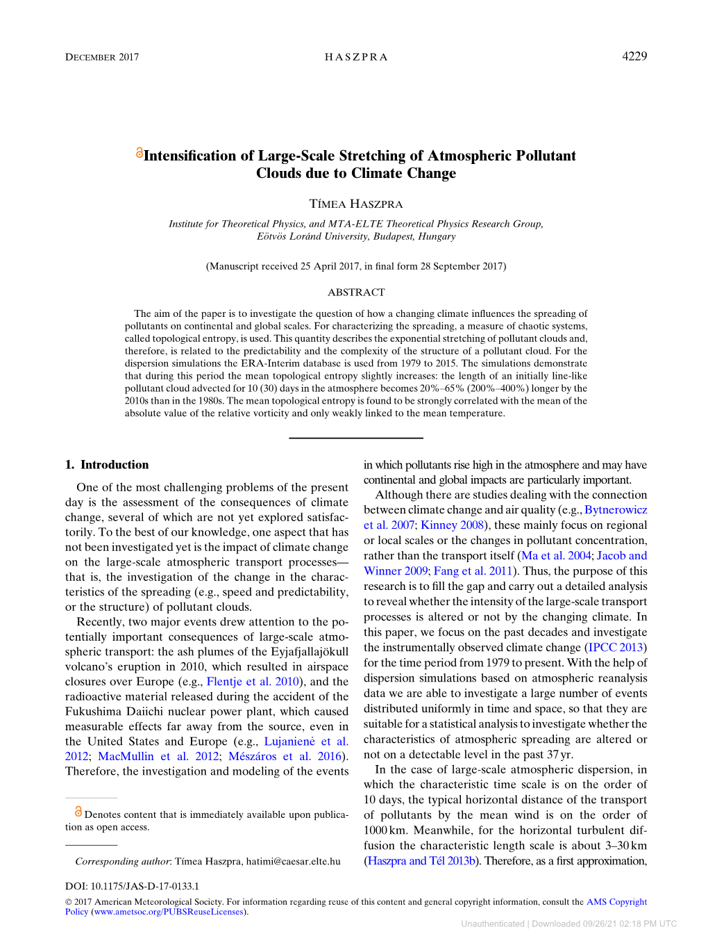 Intensification of Large-Scale Stretching of Atmospheric Pollutant