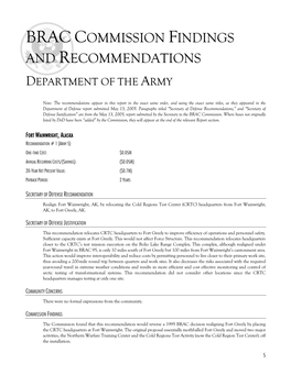 Brac Commission Findings and Recommendations Department of the Army