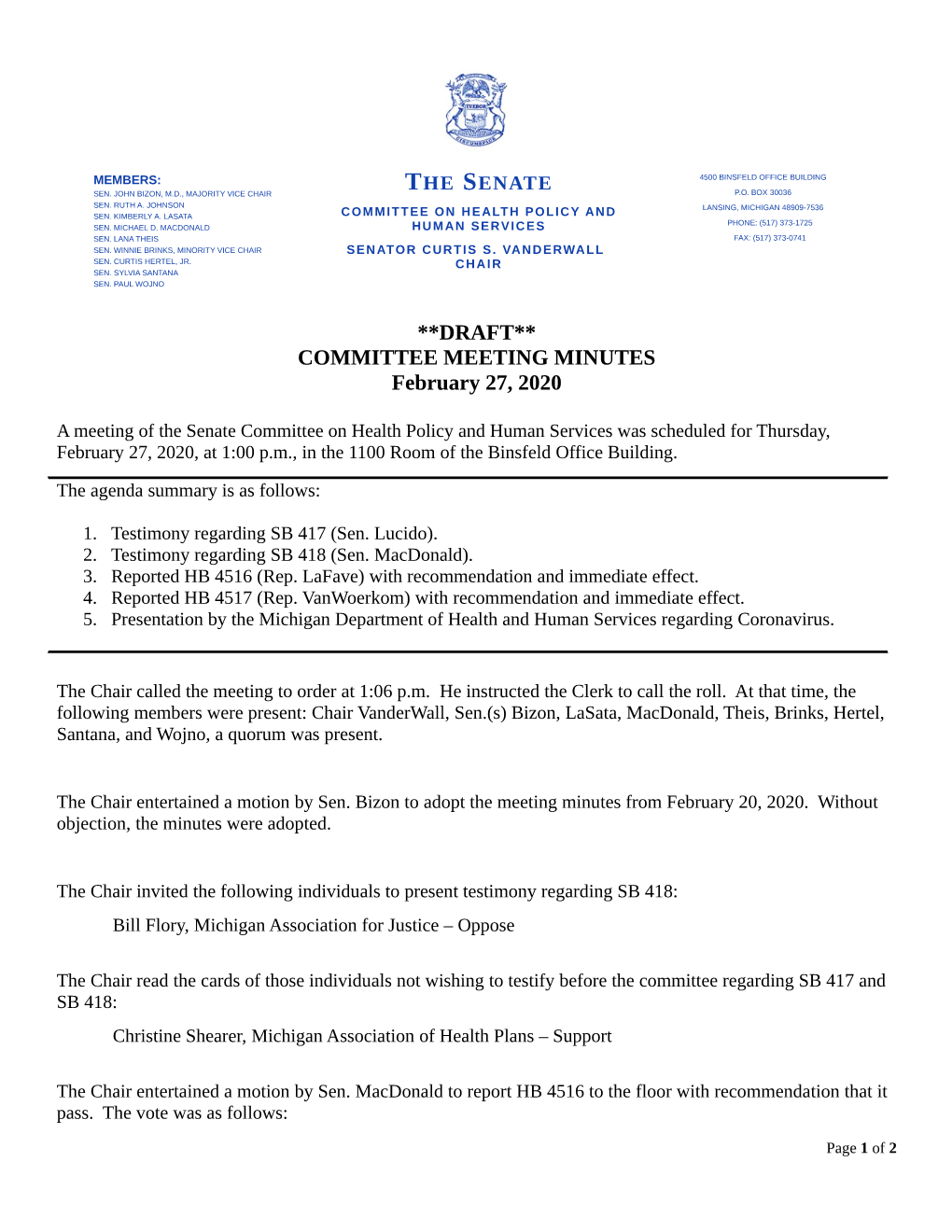 **DRAFT** COMMITTEE MEETING MINUTES February 27, 2020