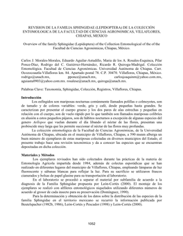 Revision De La Familia Sphingidae (Lepidoptera) De La Colección Entomologica De La Facultad De Ciencias Agronomicas, Villaflores, Chiapas, Mexico
