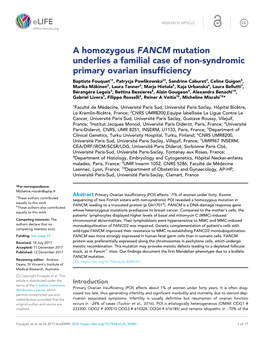 A Homozygous FANCM Mutation Underlies a Familial Case of Non-Syndromic Primary Ovarian Insufficiency