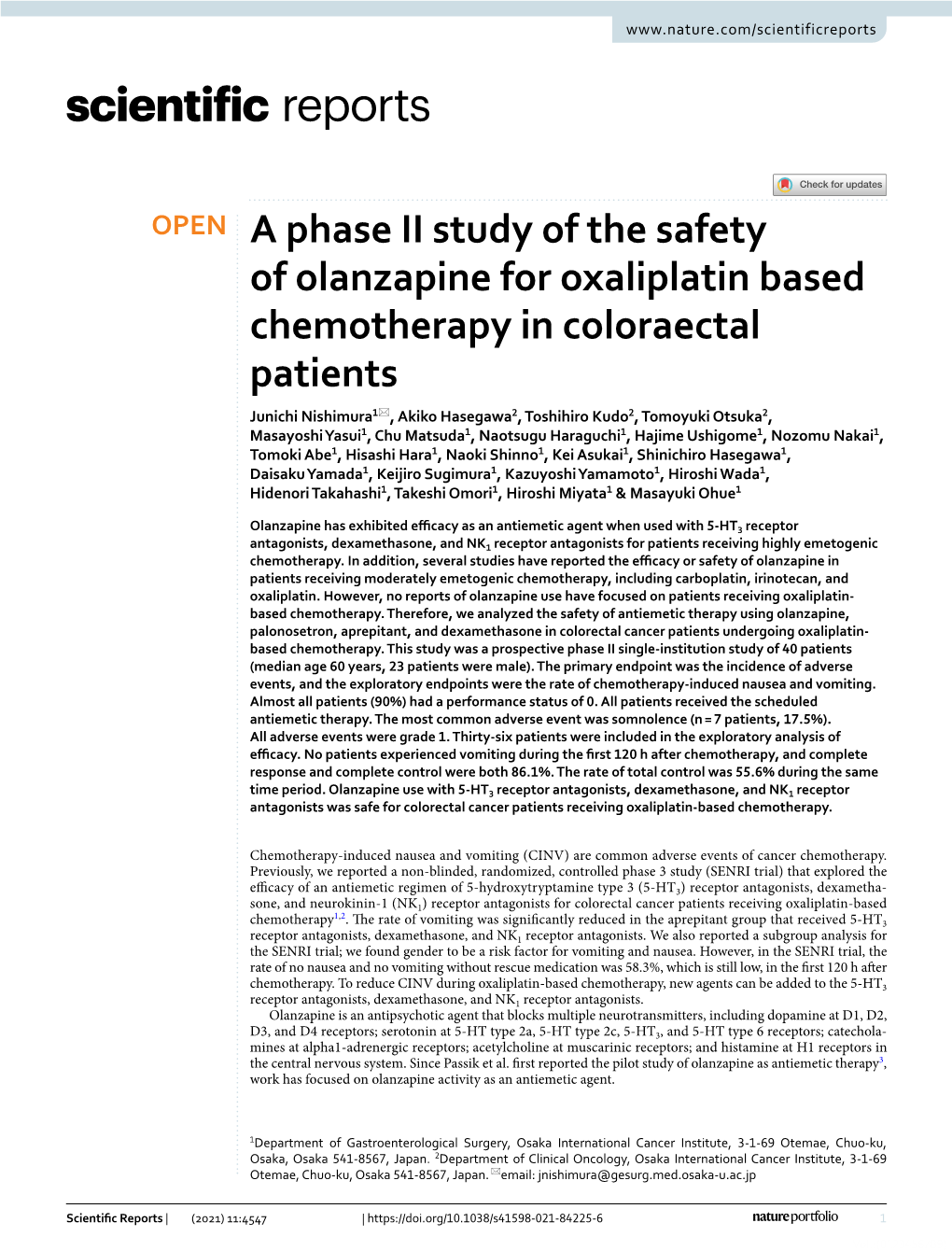 A Phase II Study of the Safety of Olanzapine for Oxaliplatin Based