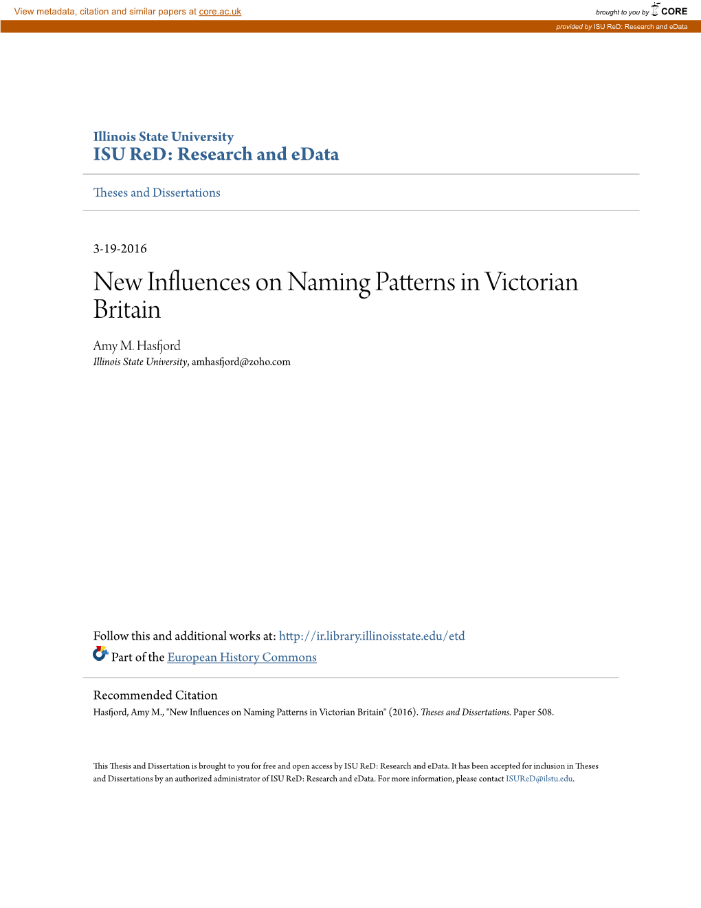 New Influences on Naming Patterns in Victorian Britain Amy M