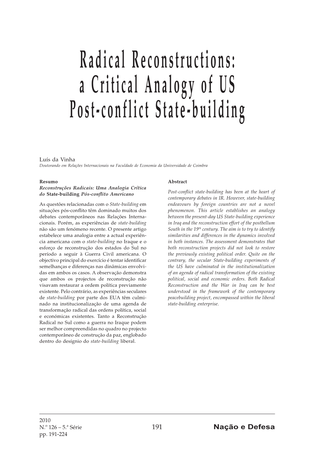 A Critical Analogy of US Post‑Conflict State‑Building