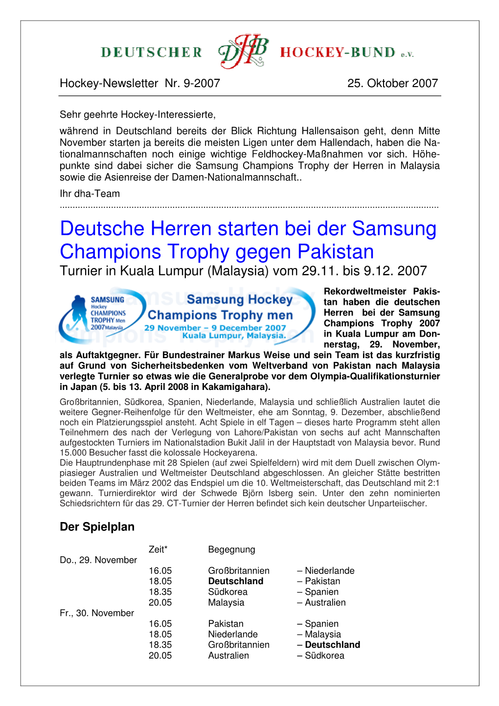 Deutsche Herren Starten Bei Der Samsung Champions Trophy Gegen Pakistan Turnier in Kuala Lumpur (Malaysia) Vom 29.11