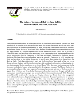 The Status of Herons and Their Wetland Habitat in Southeastern Australia, 2000-2010