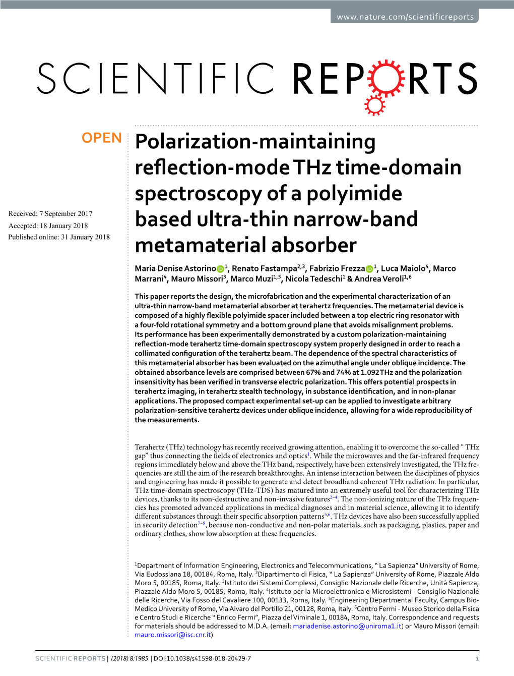 Polarization-Maintaining Reflection-Mode Thz Time-Domain Spectroscopy of a Polyimide Based Ultra-Thin Narrow-Band Metamaterial A
