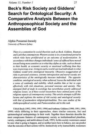 Beck's Risk Society and Giddens' Search for Ontological Security: a Comparative Analysis Between the Anthroposophical Society and the Assemblies of God