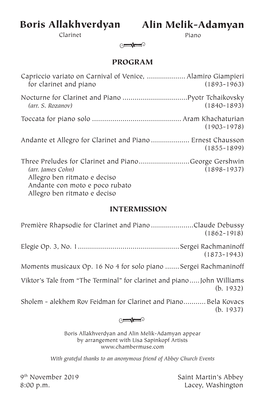 Boris Allakhverdyan Alin Melik-Adamyan Clarinet P Piano PROGRAM Capriccio Variato on Carnival of Venice,