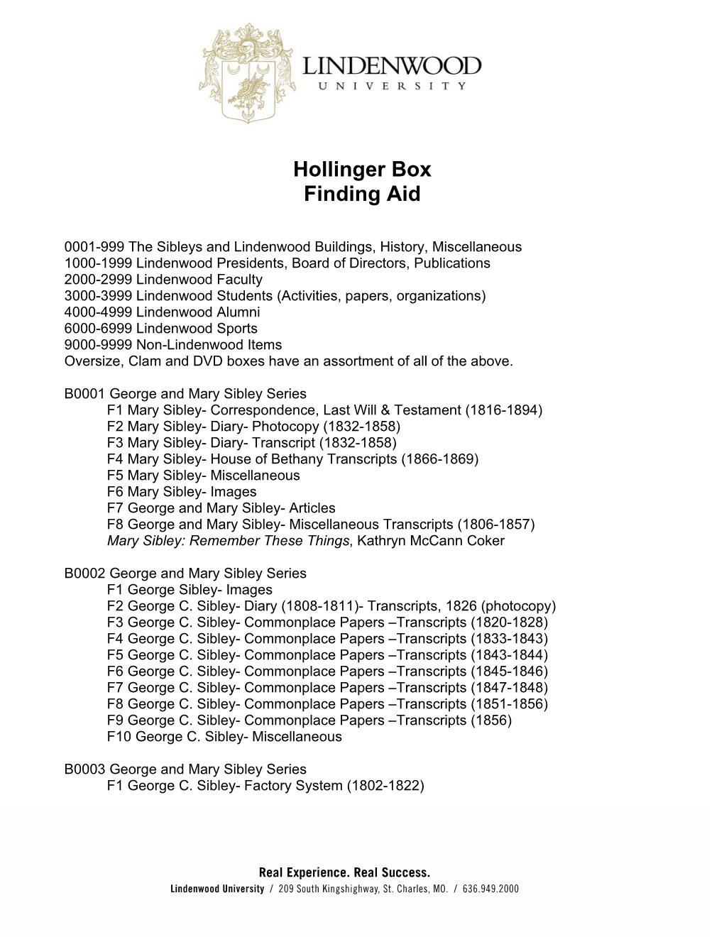 Hollinger Box Finding Aid | Mary E. Ambler Archives | Lindenwood Library