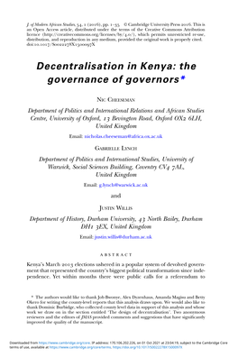 Decentralisation in Kenya: the Governance of Governors*