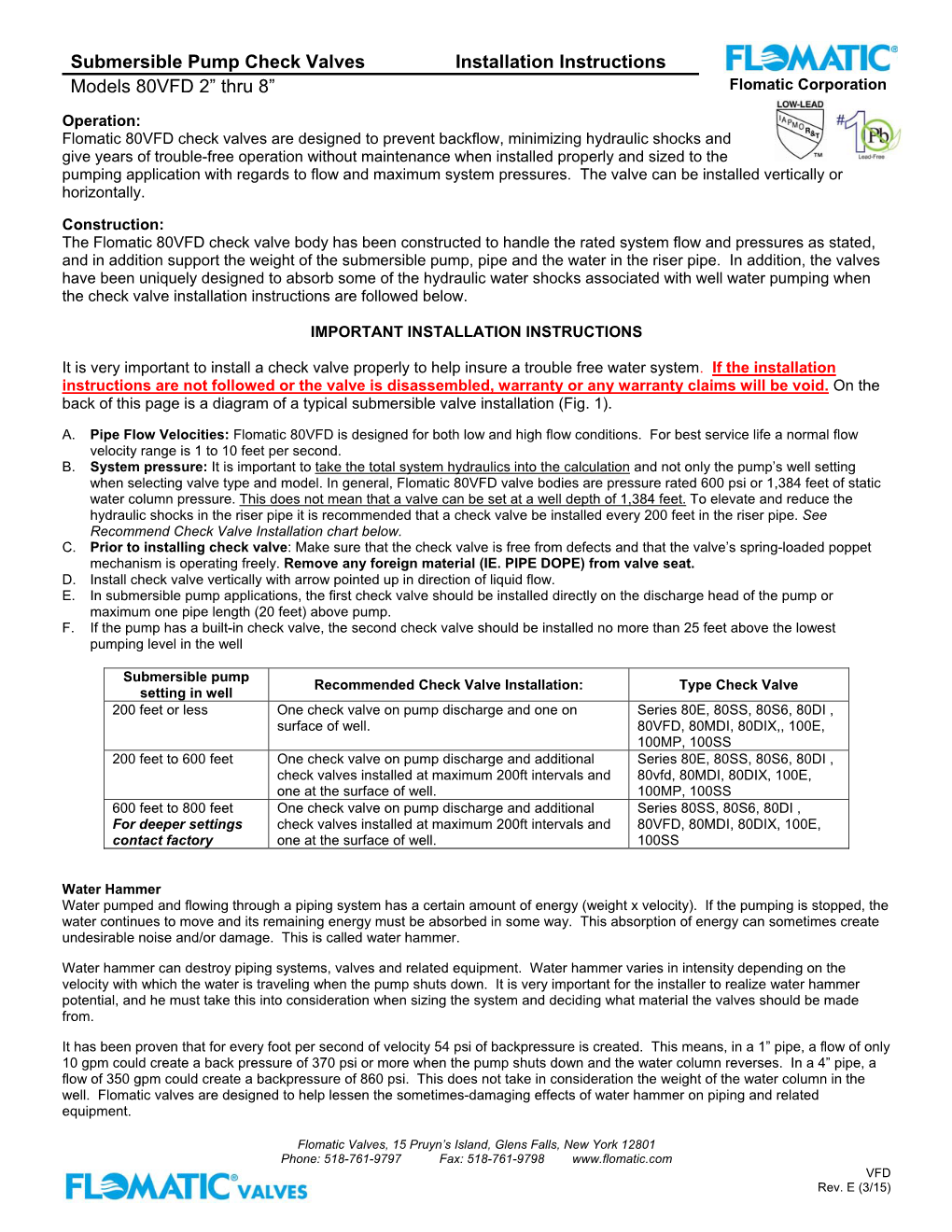 Submersible Pump Check Valves Installation Instructions Models 80VFD 2” Thru 8” Flomatic Corporation