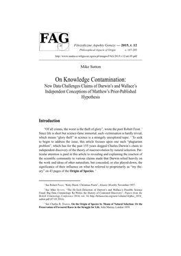 On Knowledge Contamination: New Data Challenges Claims of Darwin’S and Wallace’S Independent Conceptions of Matthew’S Prior-Published Hypothesis