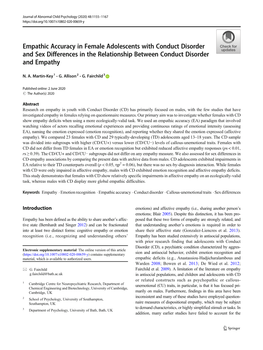 Empathic Accuracy in Female Adolescents with Conduct Disorder and Sex Differences in the Relationship Between Conduct Disorder and Empathy