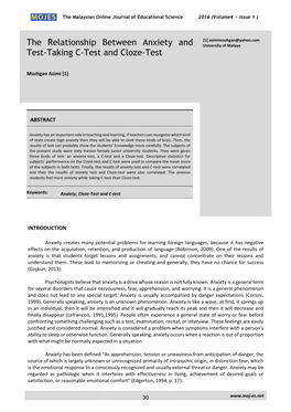 The Relationship Between Anxiety and Test-Taking C-Test and Cloze