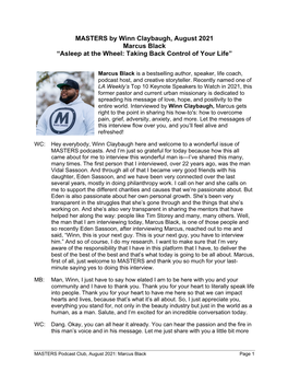 MASTERS by Winn Claybaugh, August 2021 Marcus Black “Asleep at the Wheel: Taking Back Control of Your Life”