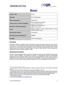 Brunei: Toponymic Factfile (August 2018)