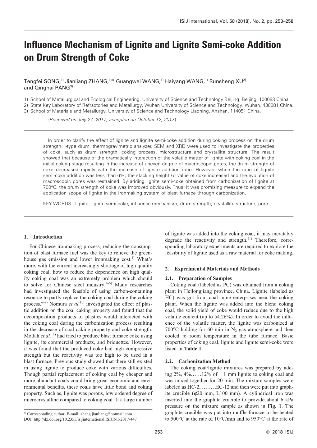 Influence Mechanism of Lignite and Lignite Semi-Coke Addition on Drum Strength of Coke