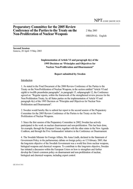 Preparatory Committee for the 2005 Review Conference of the Parties to the Treaty on the 2 May 2003 Non-Proliferation of Nuclear Weapons ORIGINAL: English