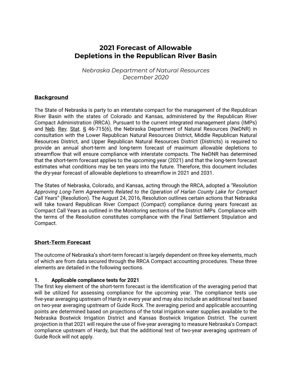 2021 Forecast of Allowable Depletions in the Republican River Basin