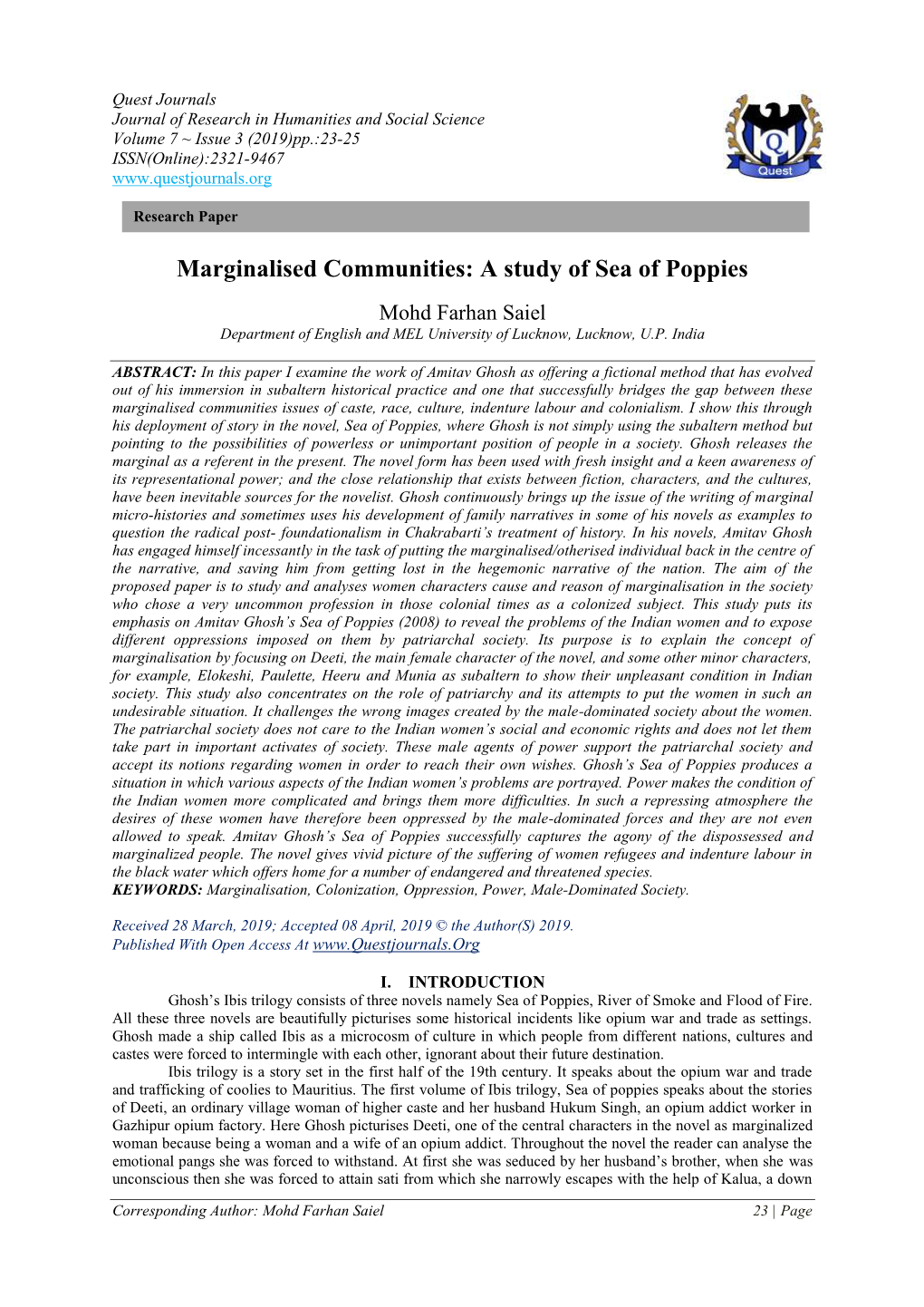 Marginalised Communities: a Study of Sea of Poppies