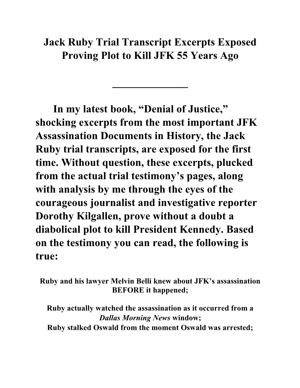 Jack Ruby Trial Transcript Excerpts Exposed Proving Plot to Kill JFK 55 Years Ago