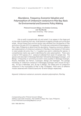 Abundance, Frequency, Economic Valuation and Polymorphism of Umbonium Vestiarium in Pilar Bay: Basis for Environmental and Economic Policy Making