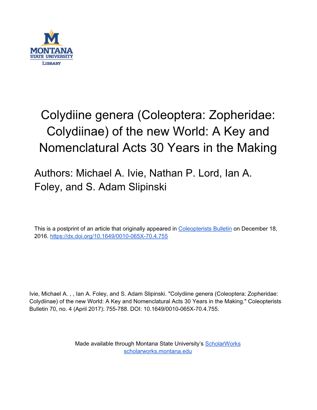 Colydiine Genera (Coleoptera: Zopheridae: Colydiinae) of the New World: a Key and Nomenclatural Acts 30 Years in the Making