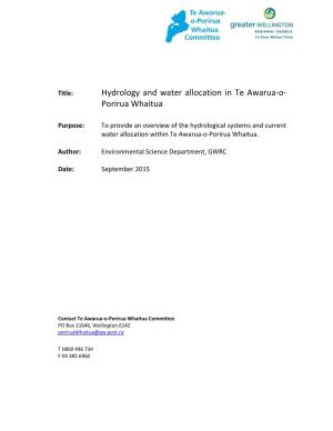 Hydrology and Water Allocation in Te Awarua-O- Porirua Whaitua