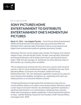 Sony Pictures Home Entertainment to Distribute Entertainment One’S Momentum Pictures