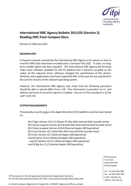 International ISRC Agency Bulletin 2011/02 (Version 2) Reading ISRC from Compact Discs