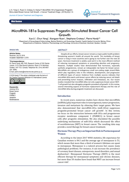 Microrna-181A Suppresses Progestin-Stimulated Breast Cancer