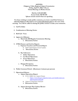 AGENDA Chippewa Valley Regional Airport Commission Friday, April 17, 2020, 7:30 A.M