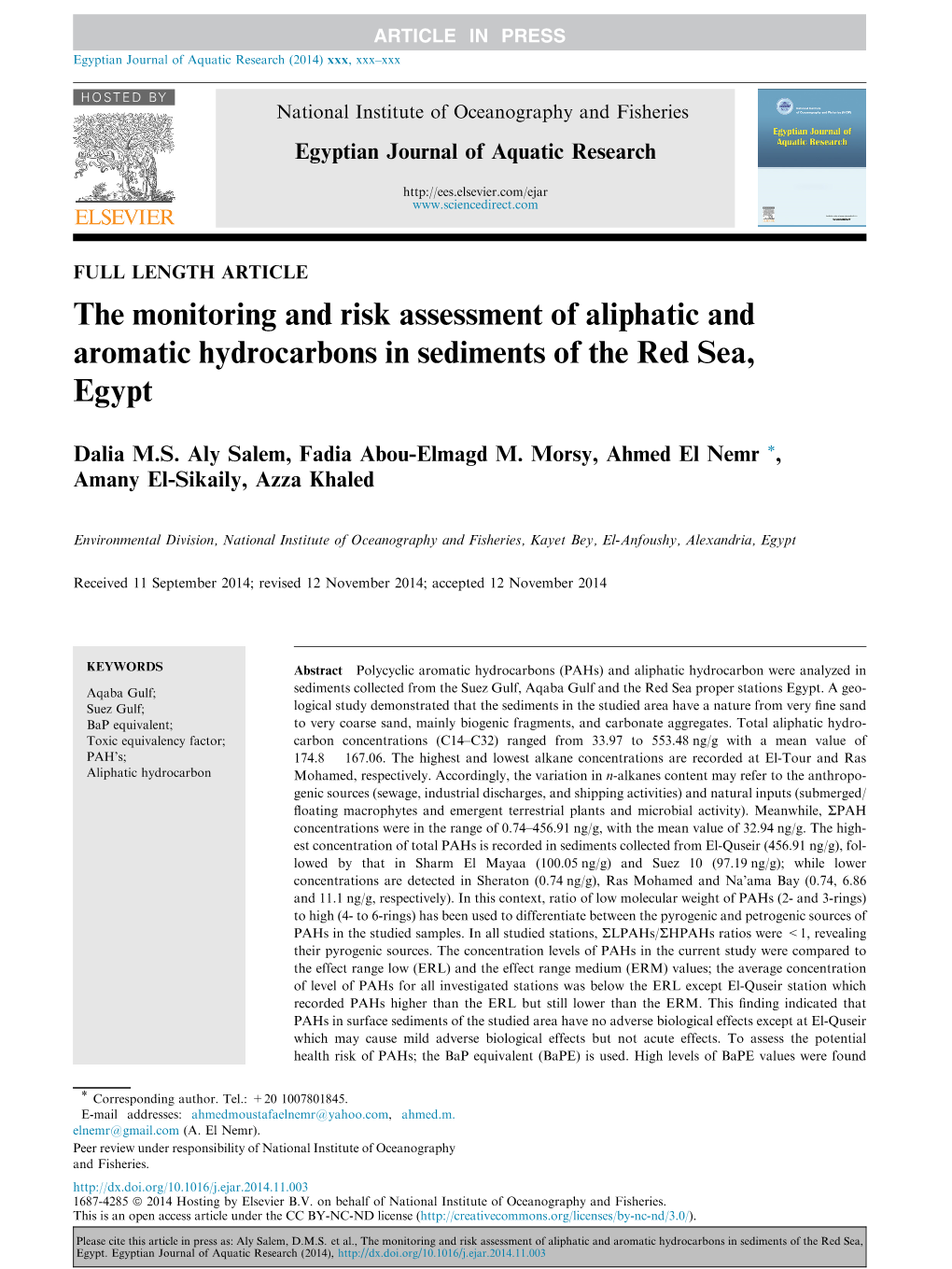 The Monitoring and Risk Assessment of Aliphatic and Aromatic Hydrocarbons in Sediments of the Red Sea, Egypt