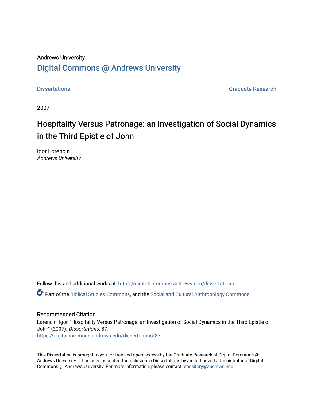 Hospitality Versus Patronage: an Investigation of Social Dynamics in the Third Epistle of John