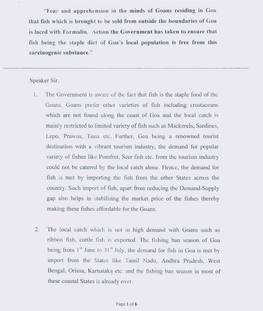 "Fear and Apprehension in the Minds of Goans Residing in Goa That Fish Which Is Brought to Be Sold from Outside the Boundaries of Goa Is Laced with Formalin