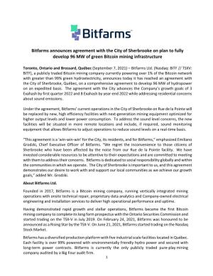 Bitfarms Announces Agreement with the City of Sherbrooke on Plan to Fully Develop 96 MW of Green Bitcoin Mining Infrastructure