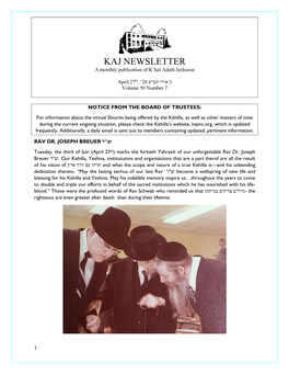 KAJ NEWSLETTER a Monthly Publication of K’Hal Adath Jeshurun