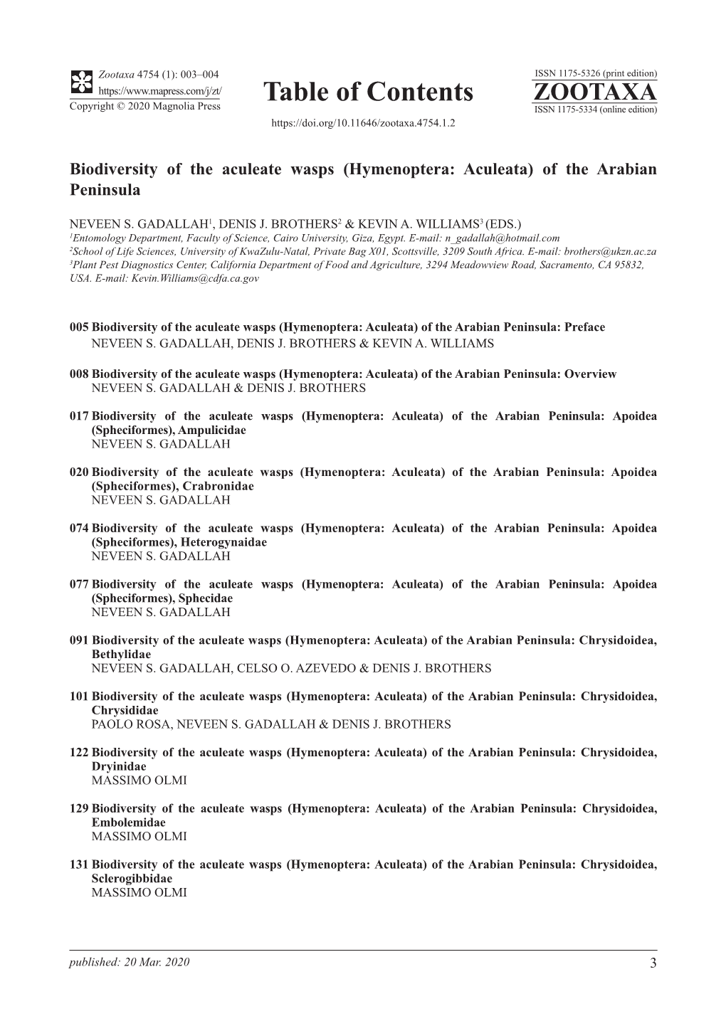 Table of Contents ZOOTAXA Copyright © 2020 Magnolia Press ISSN 1175-5334 (Online Edition)