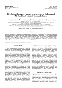 Distribution of Mangrove Species Reported As Rare in Andaman and Nicobar Islands with Their Taxonomical Notes